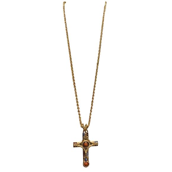 Camrose & Kross JBK Cross Necklace Gold w/ Blue & Red Stones/Crystals 20 Inches - Picture 6 of 12